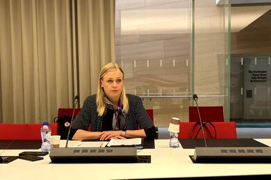 Министр иностранных дел Финляндии Элина Валтонен на брифинге для журналистов из Беларуси и России в штаб-квартире НАТО, Брюссель, Бельгия, 3 апреля 2024 года. Фото: "Зеркало"