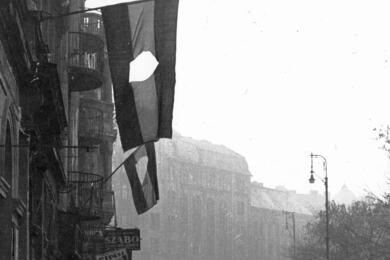 Венгерские влаги с вырезанным гербом на улицах восставшего против коммунистической диктатуры Будапешта в 1956 году. Фото: Pesti Srác2, CC BY-SA 3.0, commons.wikimedia.org