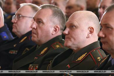 На фото справа налево: главы МВД Иван Кубраков, КГБ Иван Тертель, Минобороны Виктор Хренин. 20 февраля 2024 года, Минск. Фото: БЕЛТА