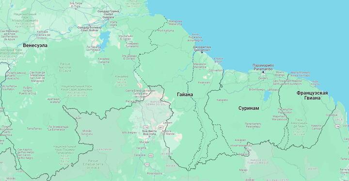В сервисе Google maps жирным пунктиром отображаются спорные государственные границы. Так они выглядят в регионе Гвиана (к которому, кроме Гайаны, относятся Суринам (бывшая Нидерландская Гвиана) и Французская Гвиана (заморский департамент Франции). Как мож