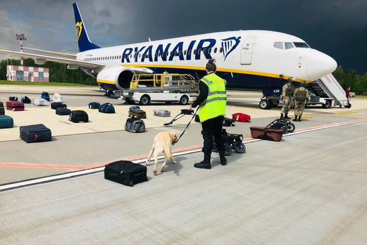 Сотрудник Национального аэропорта "Минск" проверяет багаж самолета Ryanair, который власти вынуждено посадили в беларусской столице. 23 мая 2021 года. Фото: onliner.by