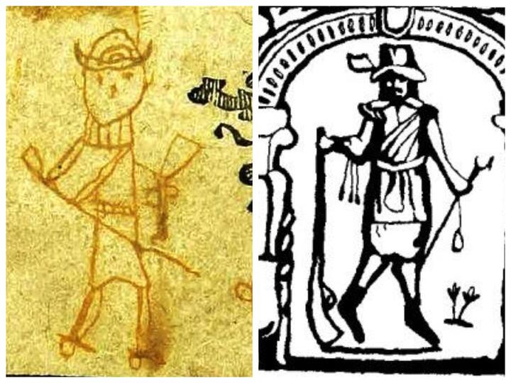 Слева - детский рисунок в книге 17 века, справа - вероятный образец для рисования. Фото: страница Дениса Лисейчикова в Facebook
