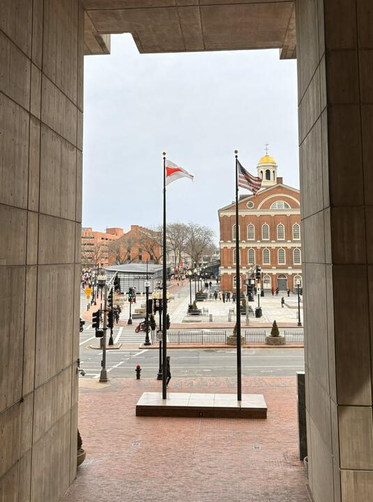 Беларусский флаг поднят в Бостоне. Фото: Telegram / belarus_boston