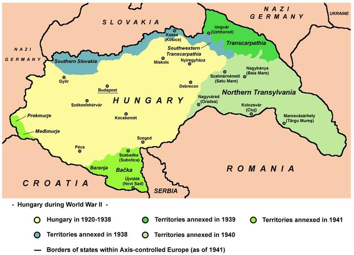 Территориальный рост Венгрии с 1938 по 1941 рост. Территории, полученные в результате Первого Венского арбитража в 1940 году, обозначены бирюзовым цветом. Территория Закарпатской Украины, захваченная в 1939 году, обозначена темно-зеленым цветом. Территори