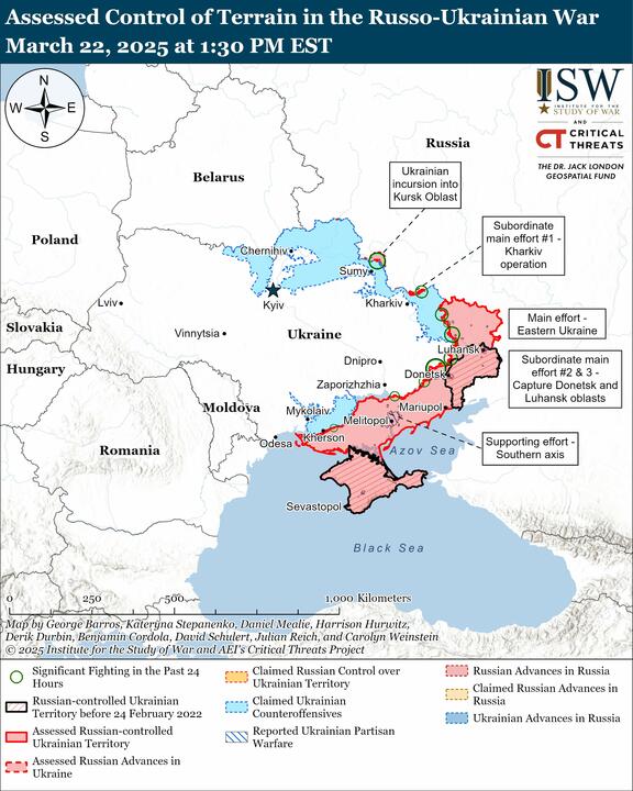 Обстановка на фронтах российско-украинской войны на 23 марта 2025 года. Инфографика: ISW