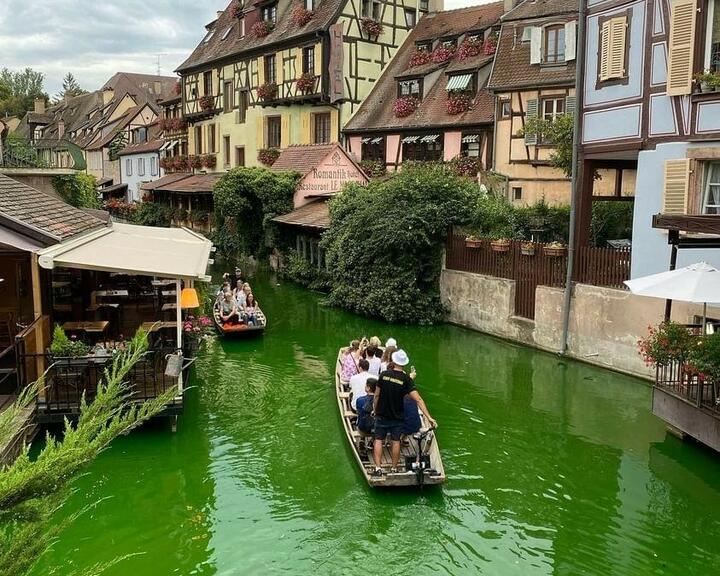 Раскрашенная экоактивистами в зеленый цвет вода реки Лош в Кольмаре. 16 сентября 2023 года. Фото: twitter.com/XR_Strasbourg